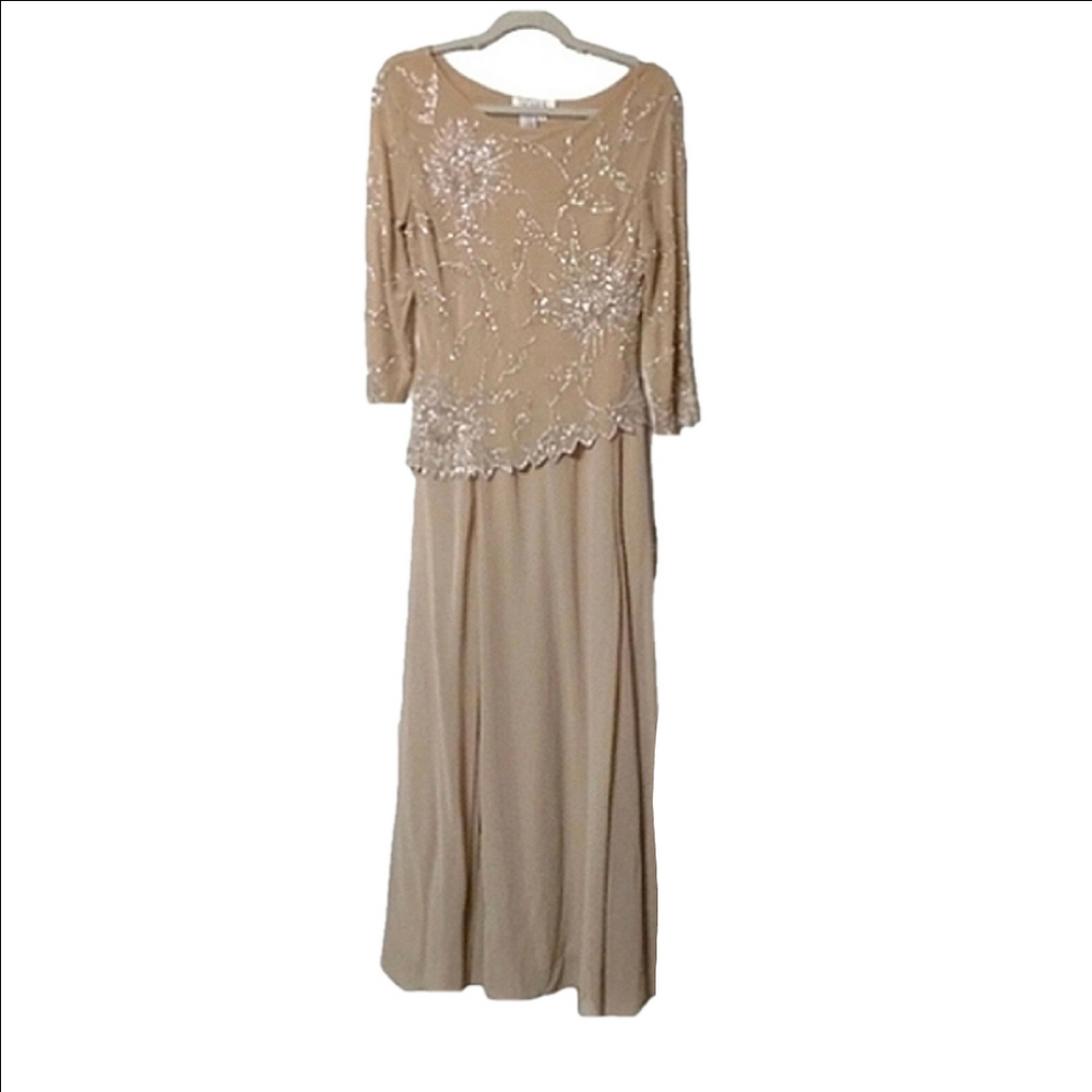 J Kara Women's Cafe Latte Boat Neck Asymetrical Beaded Long Formal Maxi Dress 8